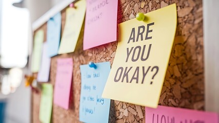 Colorful sticky notes on corkboard. One note says Okay Workplace mental health initiative. Employee support. Caring, encouraging work environment. Positive message for colleagues. Promoting