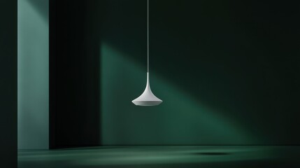 Elegantly designed pendant light illuminates a modern minimalistic space with soft shadows in muted green tones at dusk
