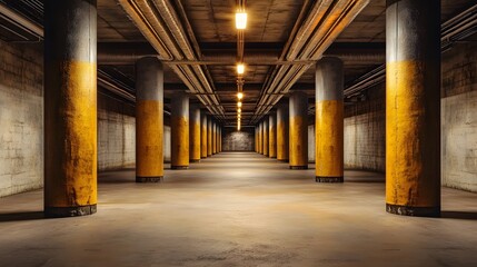 Mysterious Subterranean Warehouse with Exposed Pipes and Dim Lighting