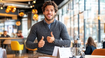 Fototapeta premium Happy Young Man Giving Thumbs Up in Modern Cafe Setting