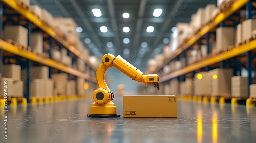 Poster highly automated warehouse with robotic systems efficiently picking packing and shipping products to