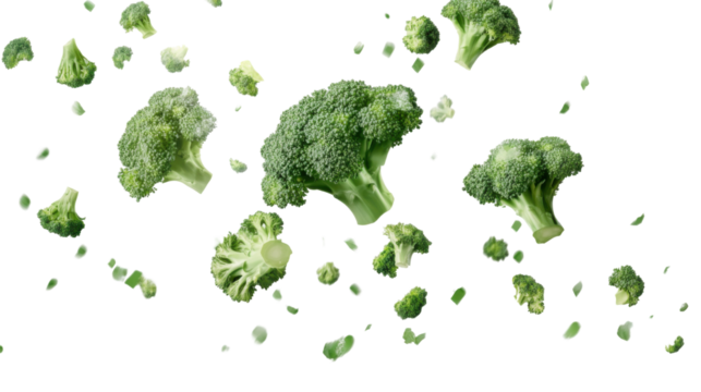 Fresh green broccoli falling isolated on white background 