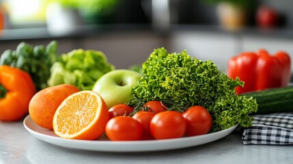 Fresh produce on a plate in a kitchen.