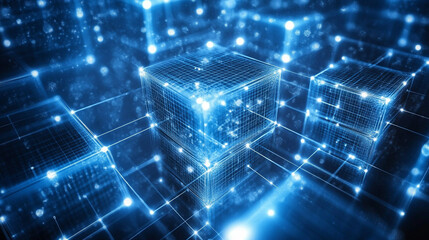 A digital abstract background with glowing blue and white geometric lines creating a futuristic and modern atmosphere, symbolizing technology, innovation, and digital advancement