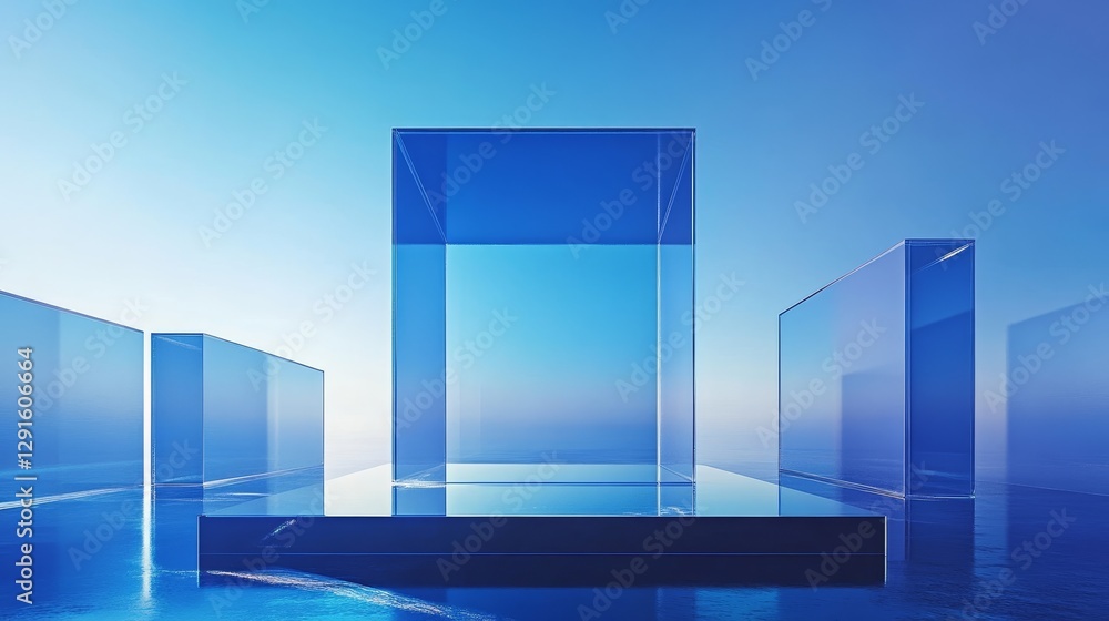 Poster clear acrylic block illuminated by blue light on a dark surface creating a striking visual effect an