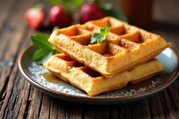 Golden-brown Belgian waffles, crisp squares on rustic wood , still life, food styling, foodie