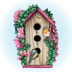 Watercolor hand drawn vintage birdhouse with flowers