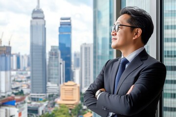 Businessman in Formal Suit Looking Out Over City Skyline