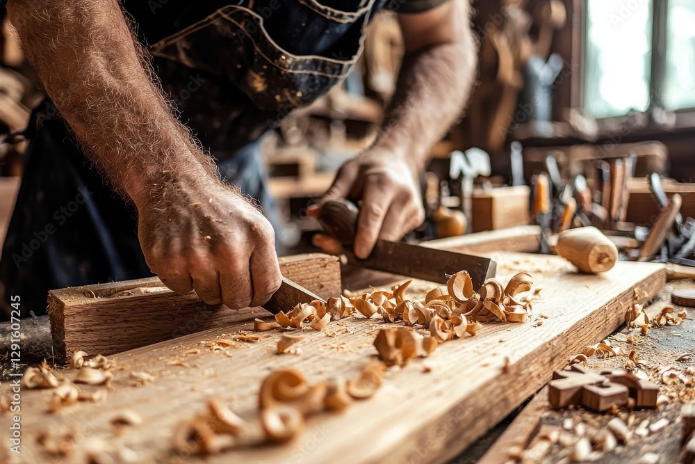 Poster close-up of a skilled carpenter's hands carving wood with traditional tools, creating intricate deta
