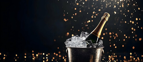 The background is black, with golden sparklers in the corners and an ice bucket containing a champagne bottle on it.