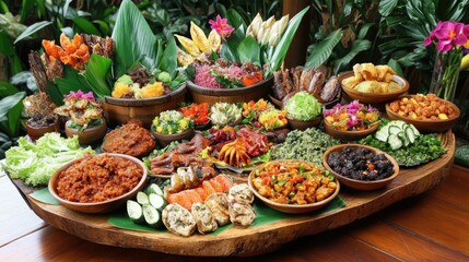 Colorful Display of Tropical Fruits and Delicious Local Dishes