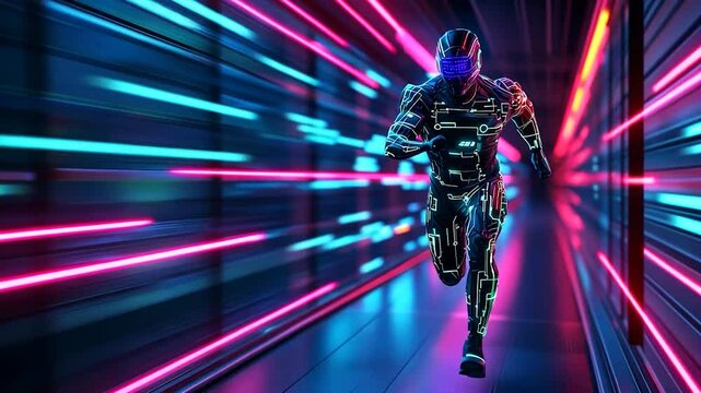 Futuristic runner in neon tunnel, data stream background