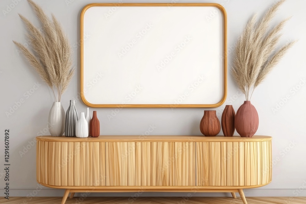 Poster a large, blank wooden frame is hanging on the wall above an elegant oak sideboard with several vases