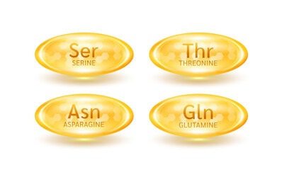 Essential amino acid Threonine Serine Glutamine Asparagine. Glossy capsules golden orange isolated on white background. Pill healthy food supplement. Medical scientific concept. 3D Vector EPS10.