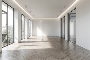 Obraz premium Modern Empty Home Office Room Interior With Blank Wall, Computer, Table, Bookshelf Mockup Frame -Ai