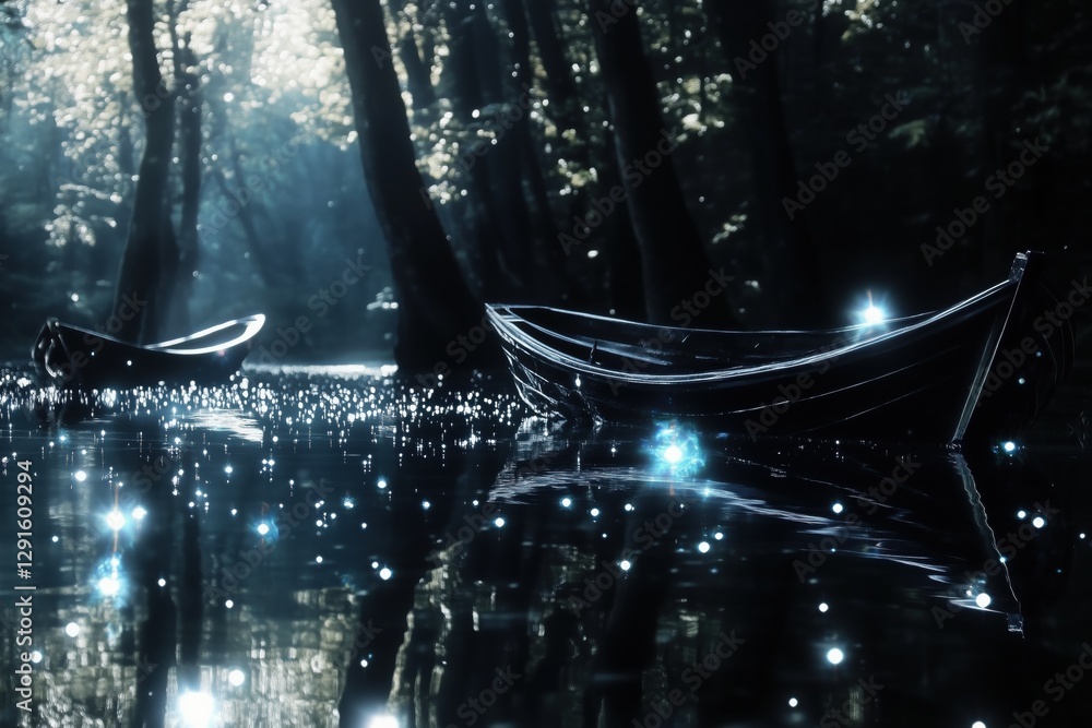 Poster a serene scene featuring two boats on a calm, reflective water surface surrounded by trees. the atmo