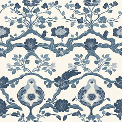 Floral and bird motif pattern in blue tones on a cream background, suitable for textiles and wallpapers.