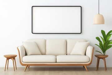A minimalist living room with an empty frame on the wall, featuring soft beige and white tones. The space includes marble accents for elegance, large windows allowing natural light to illuminate