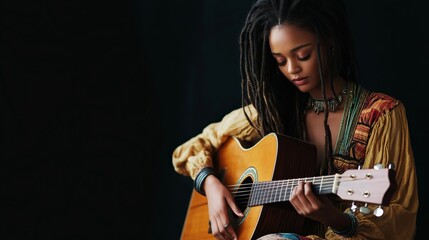 Obraz premium Young woman with dreadlocks playing guitar in a studio. Musician lifestyle and creative expression concept.