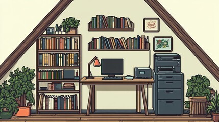 Attic Home Office with Bookshelves and Plants