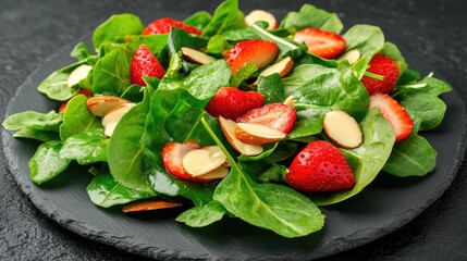 Fresh Spinach Salad with Strawberries and Almonds on Slate Plate