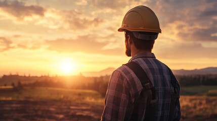 Engineer in hardhat gazing back, overlooking serene rural landscape during golden sunset