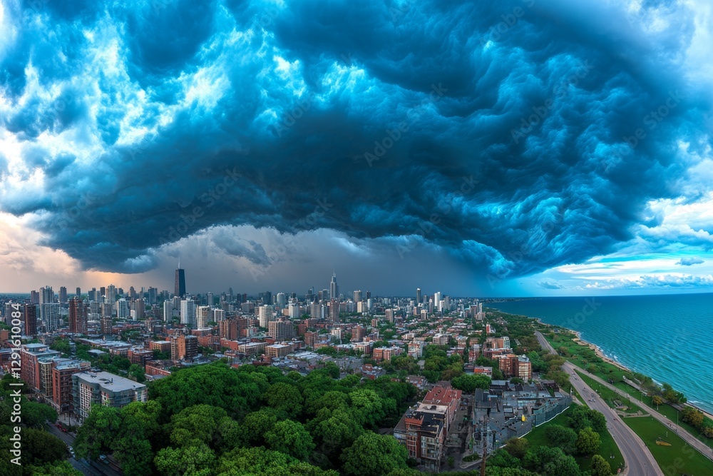 Poster a panoramic view of the city skyline during an approaching storm, with dark clouds and light rays br