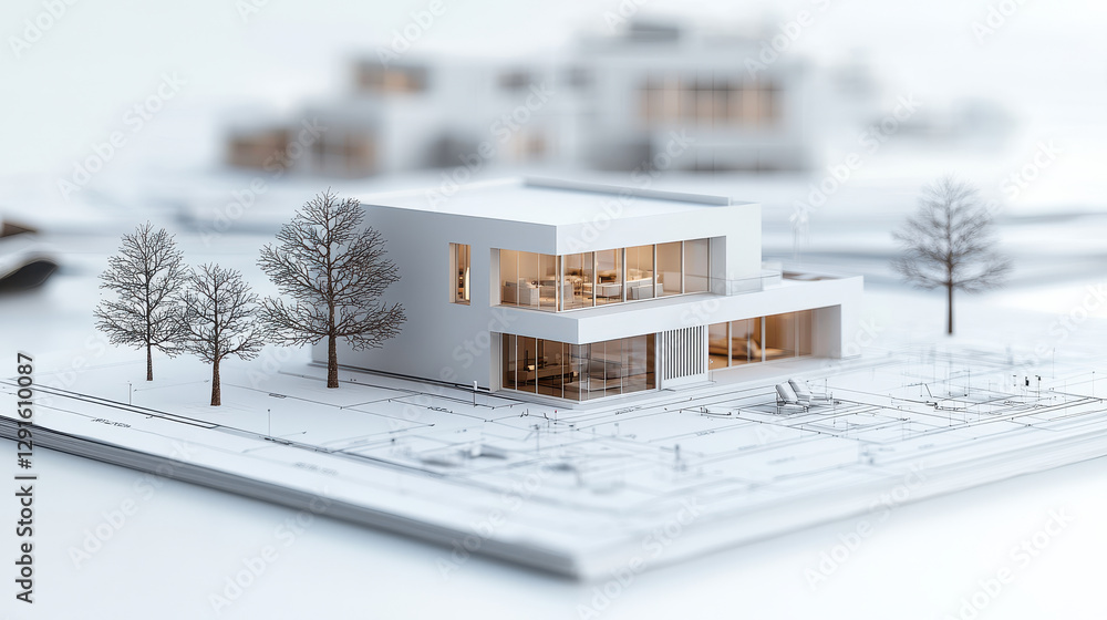 Poster 3d architectural blueprint of contemporary home with trees, showcasing modern design elements and de