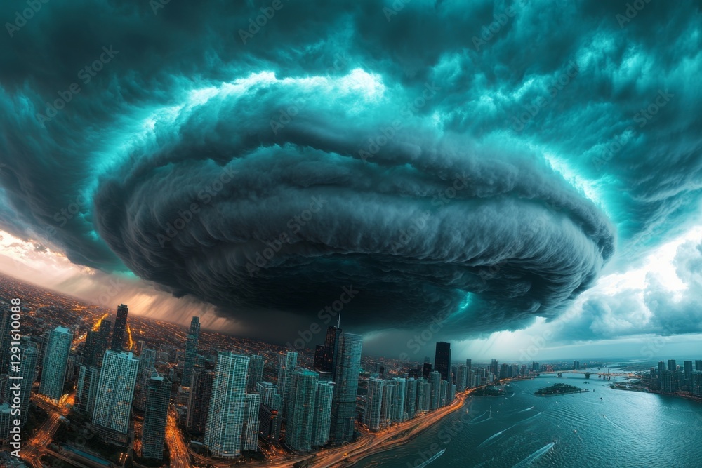 Poster a panoramic view of the city skyline during an approaching storm, with dark clouds and light rays br