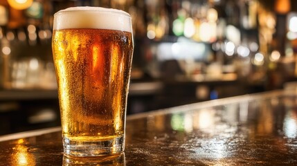 Crisp Golden Beer in a Glass on Bar Counter Background Blurred