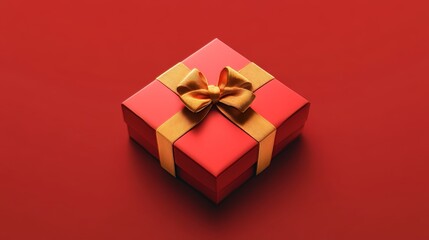 Fototapeta premium Festively Wrapped Red Gift Box With a Golden Ribbon Displayed Against a Rich Red Background
