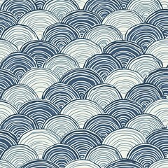 A traditional Japanese Seigaiha pattern with overlapping semicircles in soft indigo and ivory tones. 