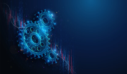 Lowpoly Gears Over Stock Market Crash Chart. Abstract geometric illustration on engineering development and manufacturing industry business evaluation concept by wireframe mesh on blue background