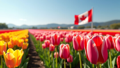 Canadian Tulip Festival with vibrant field of multicolored tulips in full bloom, red, yellow, and pink flowers extending into the distance, Canadian flag waving in the background, clear blue sky