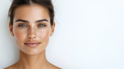 young woman with clear skin and natural makeup smiles softly against plain background, exuding confidence and beauty
