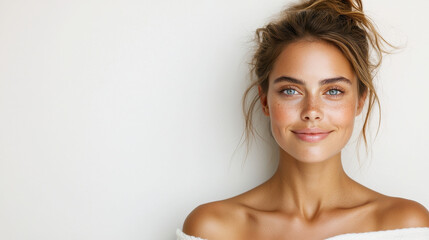young woman with natural smile and clear skin, showcasing beauty and confidence. Her hair is styled casually, and she has bright blue eyes