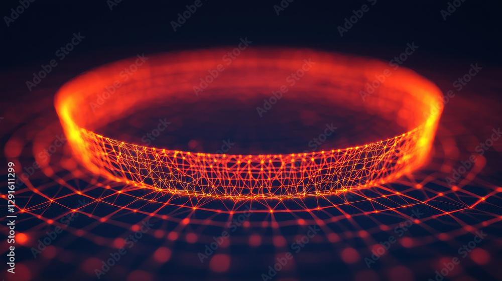 Poster mesmerizing 3d visualization of glowing circular mesh, showcasing intricate patterns and vibrant ora