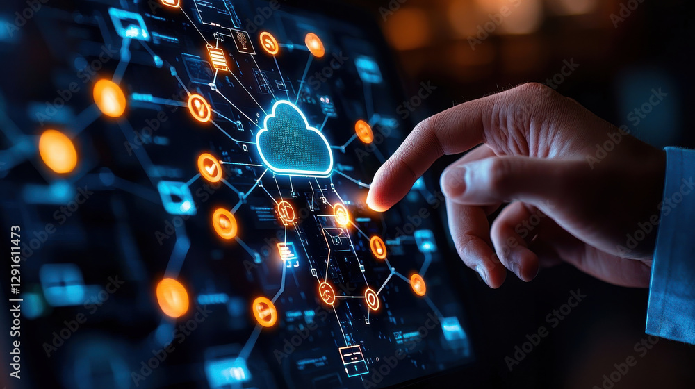 Poster digital cloud technology interface with glowing icons and connections, showcasing data management an