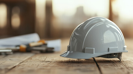 close up of safety helmet resting on wooden table, surrounded by tools and blueprints, symbolizing construction and safety in workplace