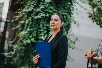 Fototapeta premium A confident businesswoman holding a clipboard while engaging in a discussion outdoors. The setting is an urban area with greenery, showcasing a professional environment and teamwork.