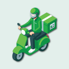 isometric person riding green  delivery guy illustration