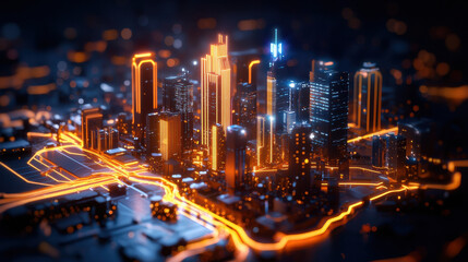 Fototapeta premium futuristic city skyline illuminated by glowing orange lights, showcasing modern skyscrapers and intricate roadways. vibrant colors create dynamic and energetic atmosphere