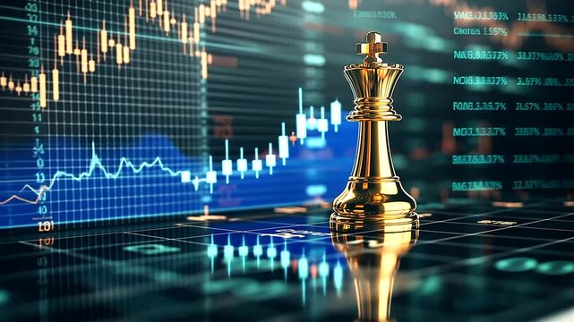 A golden chess king standing tall in the foreground, with a futuristic stock market interface of fluctuating graphs and percentages overlaying the dark background.