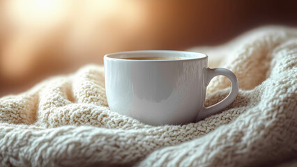A white ceramic coffee mug placed on a cozy knitted blanket, perfect for customizable branding and print-on-demand designs