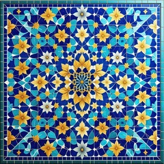 A beautifully detailed background featuring traditional Islamic mosaic tile patterns in vibrant blue, turquoise, and gold. The symmetrical arrangement creates a striking and ornate decorative effect.