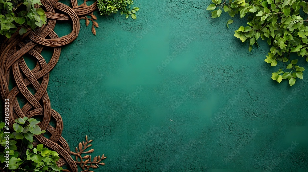 Poster intricate celtic knotwork flowing organically from both sides set against a deep forest green mystic