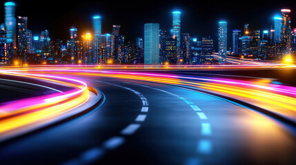 Obraz premium vibrant urban landscape at night with glowing lights and dynamic motion. scene features illuminated skyscrapers and colorful light trails on winding road, creating futuristic atmosphere