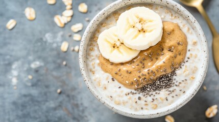 High Resolution Overnight Oats with Banana and Peanut Butter Topping