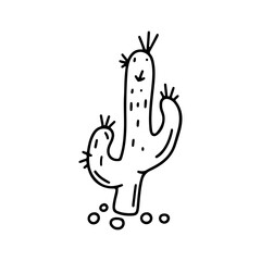Cute doodle cactus in desert. Home Decor. Domestic plant from hot countries. Mexican vibe hand drawn icon. Perfect for coloring books. Vector outline illustration.