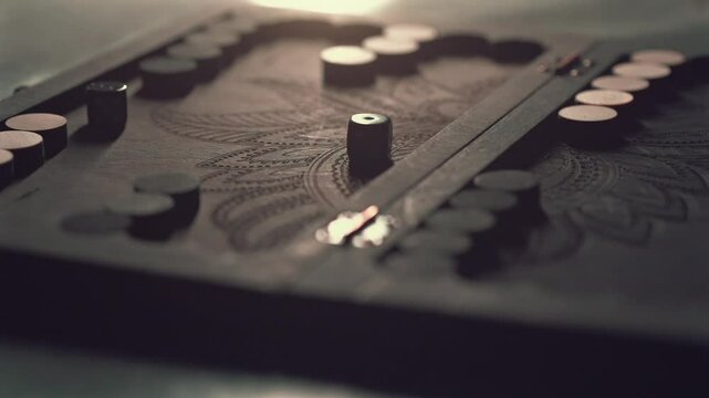 Backgammon board with dice landing in slow motion, dramatic and detailed view of game. Perfect for themes of strategy, leisure, and classic board games.